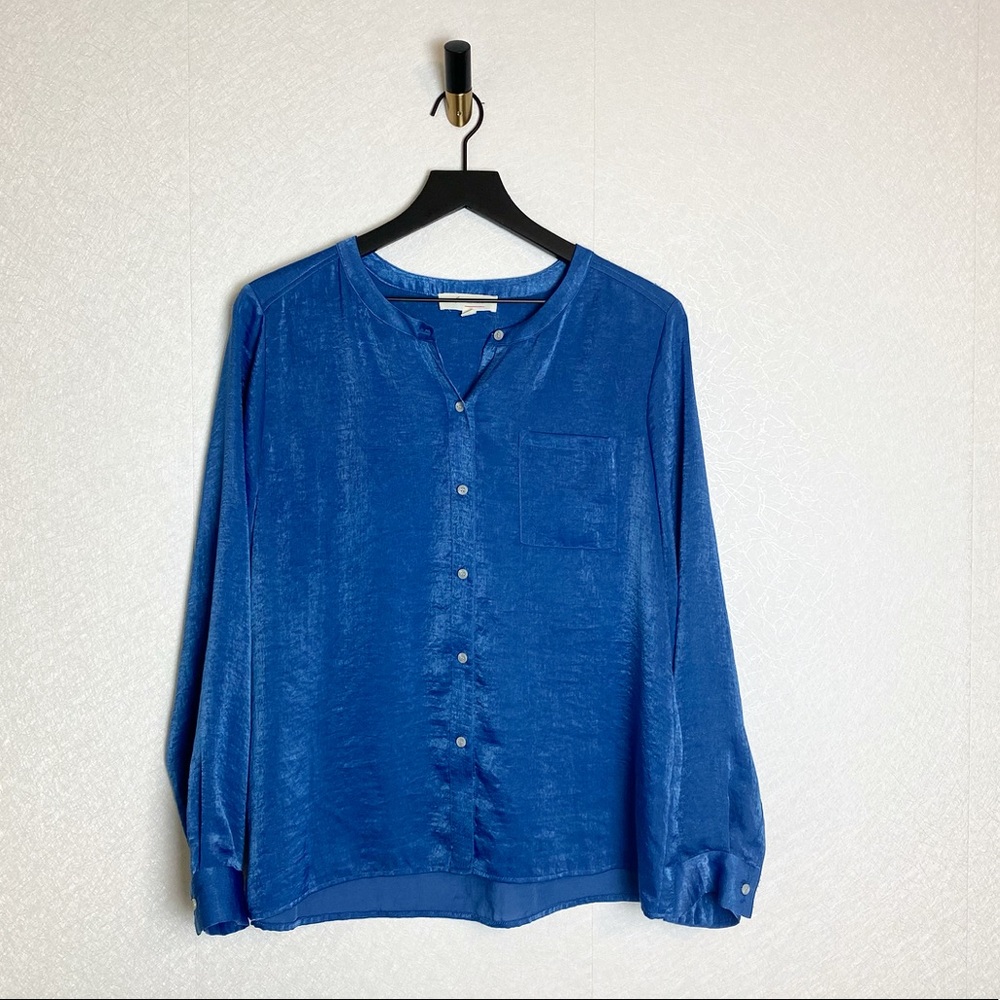 Two by Vince Camuto Solid Sateen Mandarin Blouse Iridescent Long Sleeve Women M